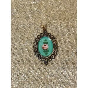 Vintage Sterling Silver Pendant, Rose Floral Green Pink, W/12k GF Link